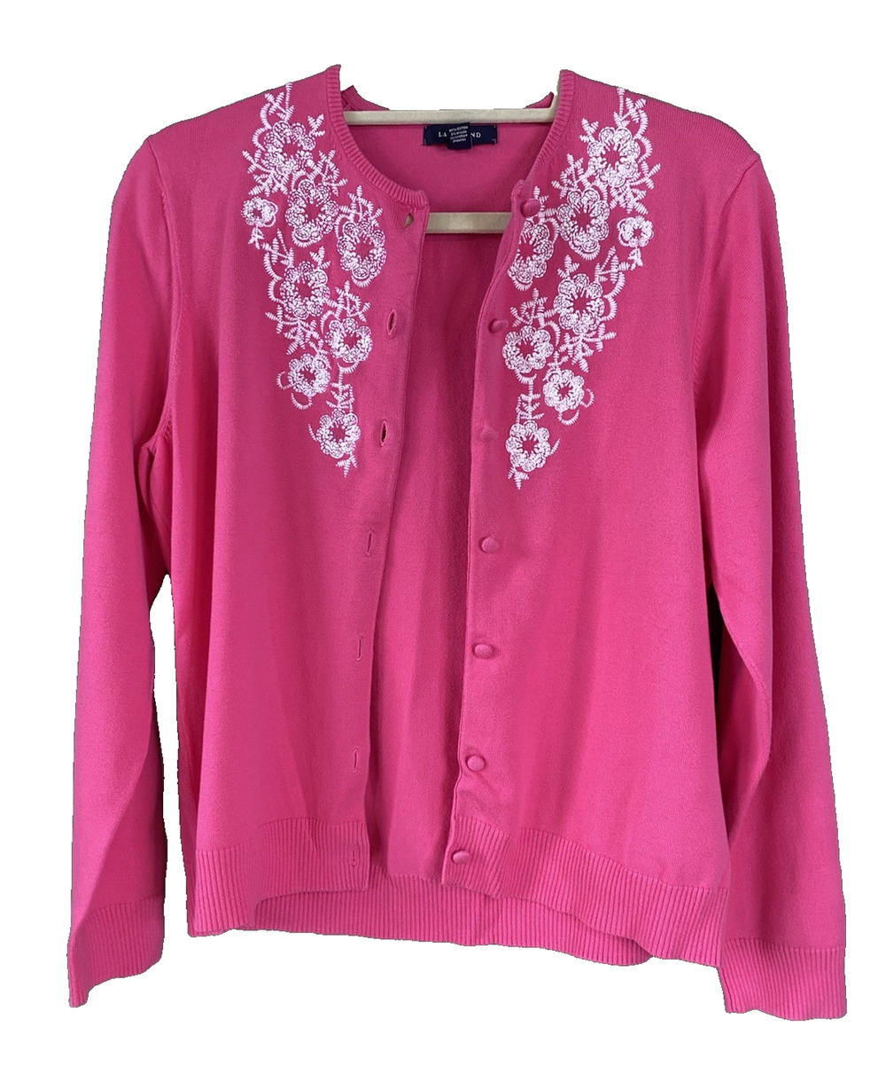 Lands End Sweater Womens Medium Pink Embroidered Preppy Floral Career Cardigan